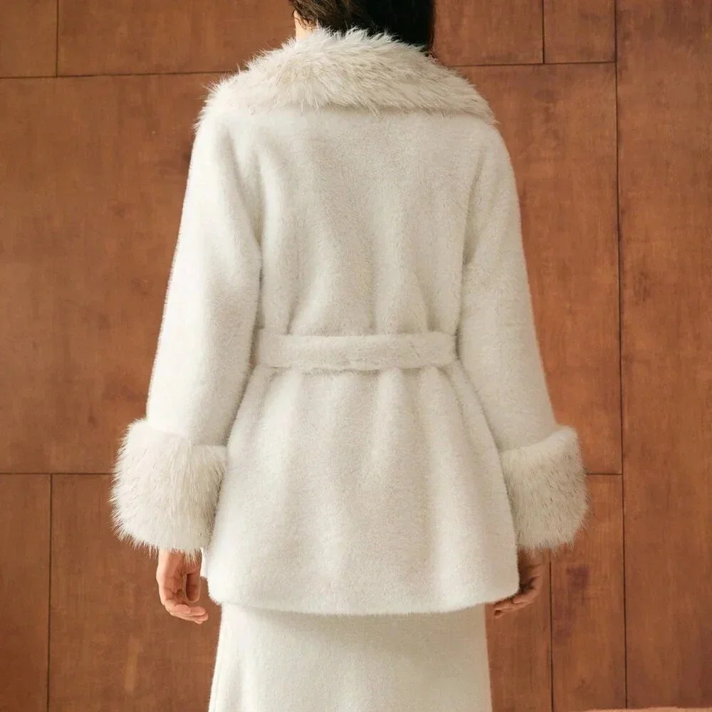 White Casual Women's Faux Fur Panel Waterfall Collar Belted Coat - Picture 7 of 9